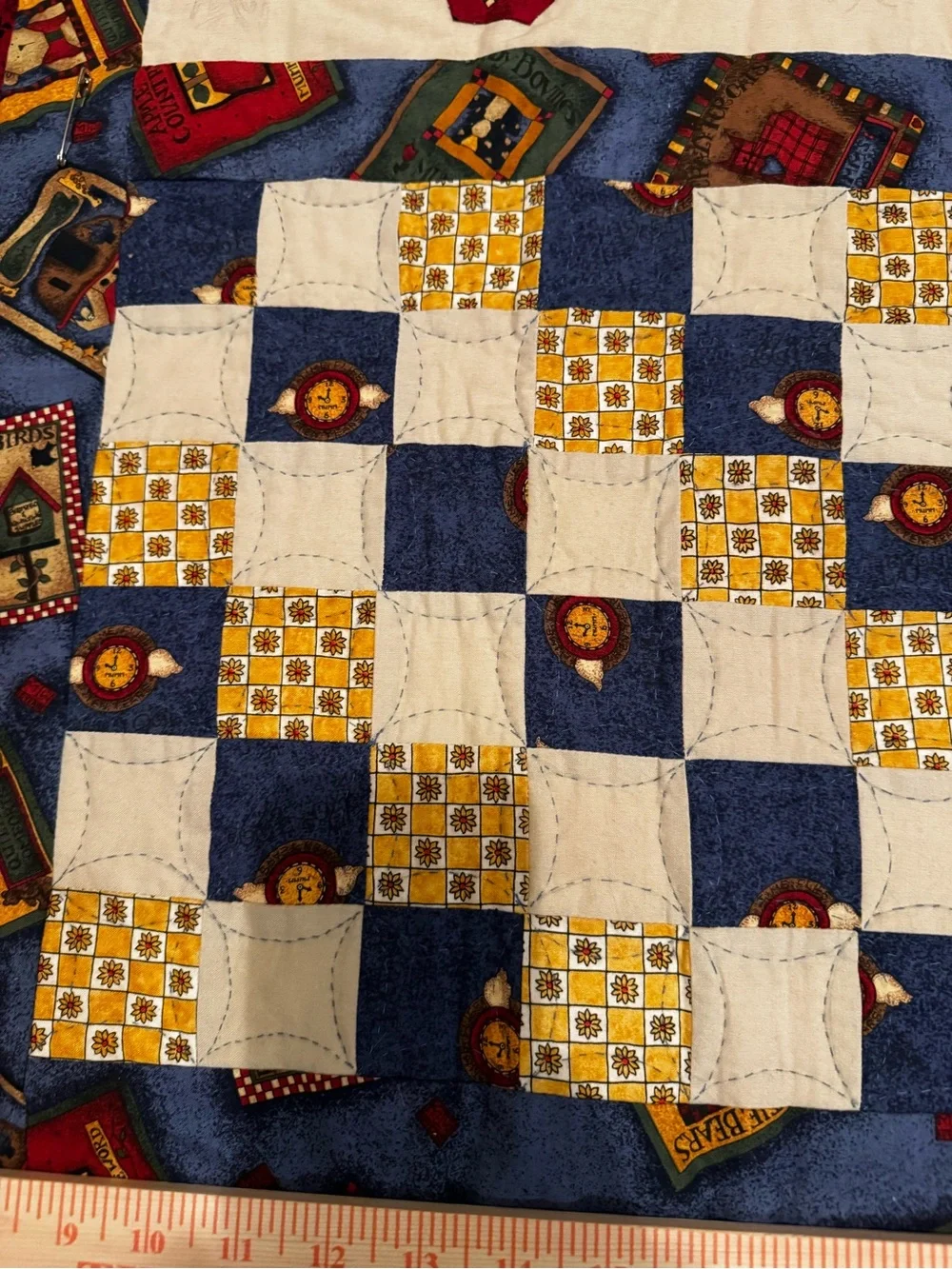 Handmade Quilted Patchwork Throw in Blue, Red & Yellow